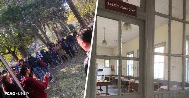 En una imagen partida, se observa a la izq. una panorámica de las personas presentes en el parque, antes de ingresar al buffet, y a la der., el amplio vidrio que permite ver las mesas y sillas del salón comedor.